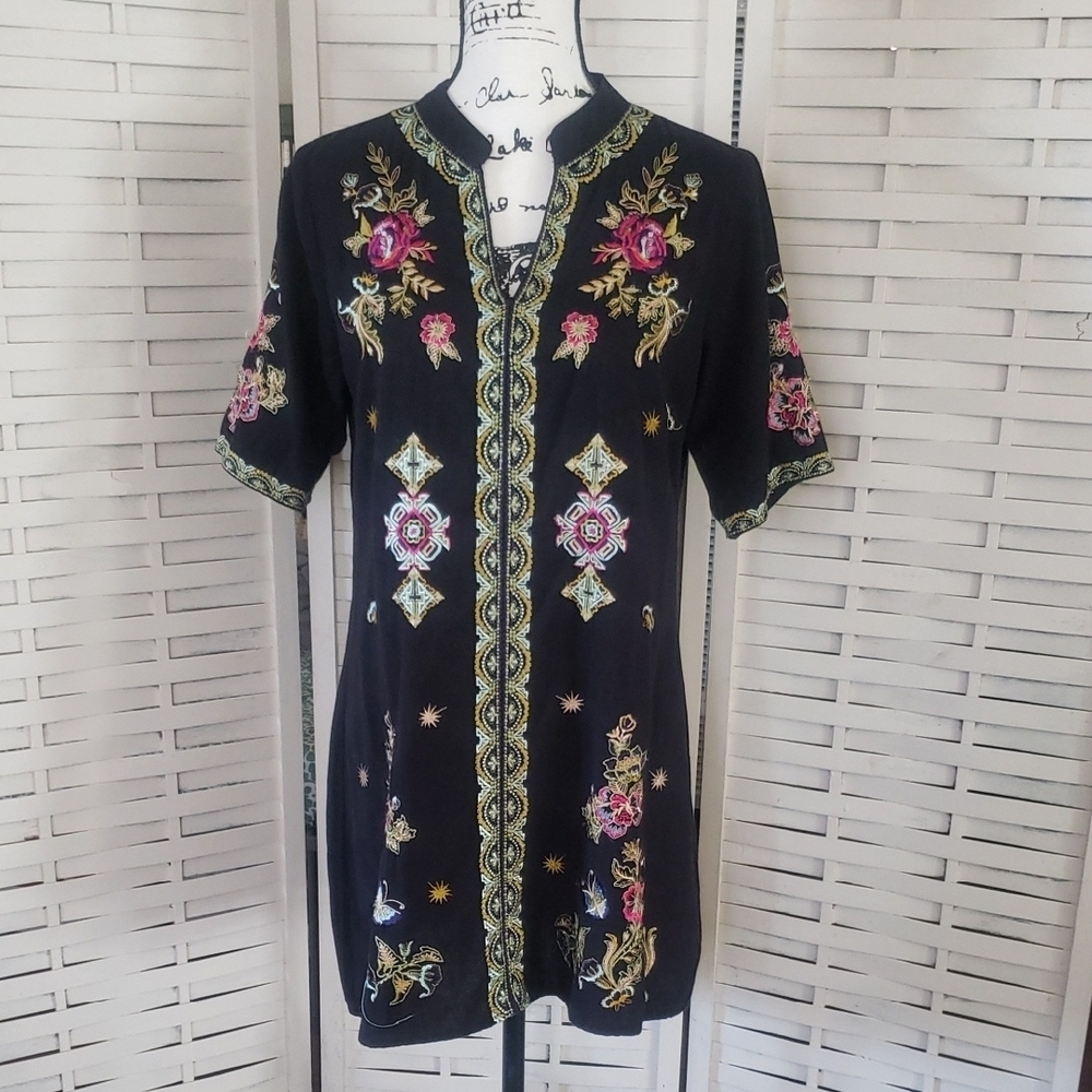 All About Her Black Embroidered Tunic with Floral Design Size S